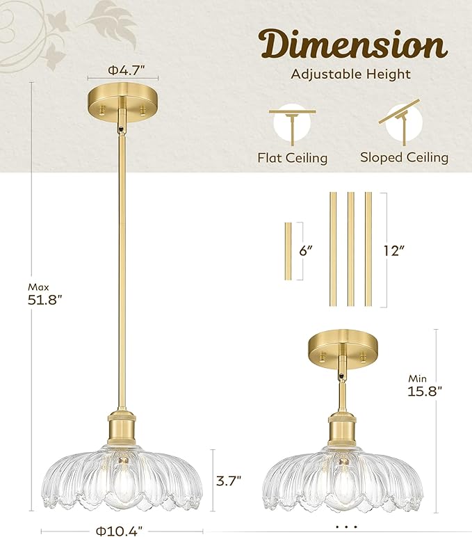 FEMILA 10.4" French Country Gold Glass Pendant Lights for Kitchen Island | Set of 2, floral 10.4" vintage-inspired glass, adjustable hanging height up tp 51.8", E26 base, for bebdsides, reading corner