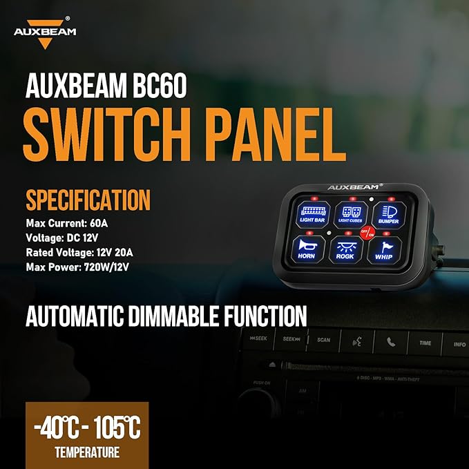 Auxbeam 6 Gang Switch Panel BC60 Universal Circuit Control Relay System Automatic Dimmable LED Switch Pod Touch Control Panel Switch Box for Car Truck Pickup Boat UTV SUV - Blue, 3 Years Warranty