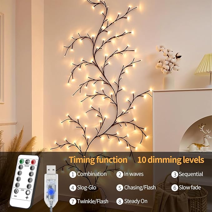 7.55FT 144LED Brown USB Tree Branch Lights for Wall with USB Battery Box | Enchanted Willow Vine Lights for Bedroom Doors Wedding, Christmas with Remote Timer,8 Light Model,USB Battery Box