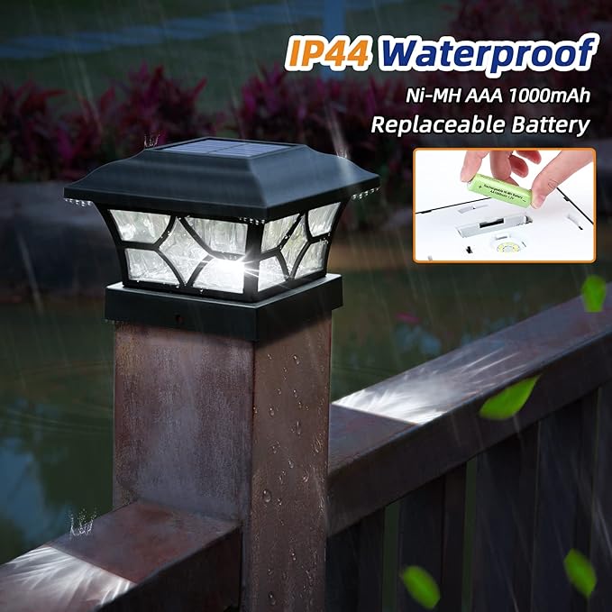 APONUO 4x4 Solar Post Cap Lights 4 Pack - 6x6 Post Cap Solar Light, 2-Mode, IP64 Waterproof, Post Lights Solar Powered for 4x4 5x5 6x6 Wood/Vinyl Posts, Black