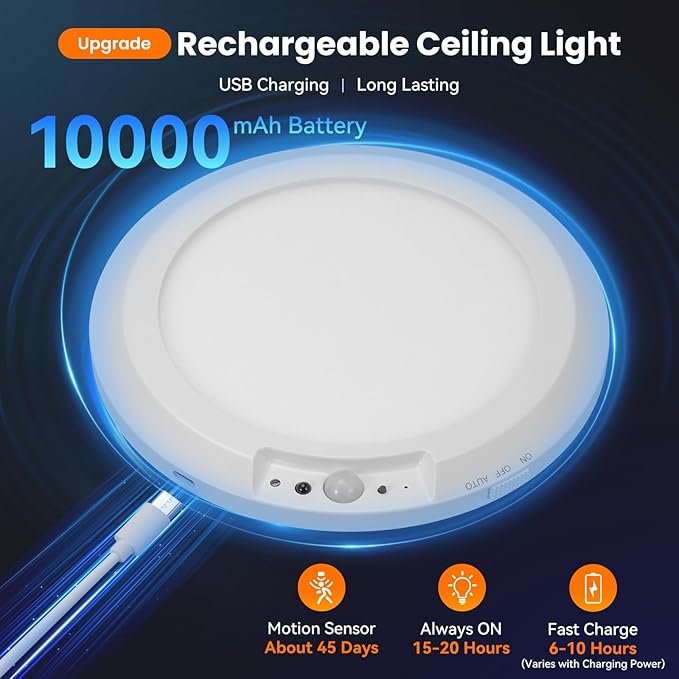 Battery Operated Ceiling Light, Motion Sensor Closet Light with Remote | 2 Packs Magnetic Ceiling Light, 10000mAh, Timer Function, 3 Modes 3 Color 10 Brightness, for Home Stairs Hallway Landry