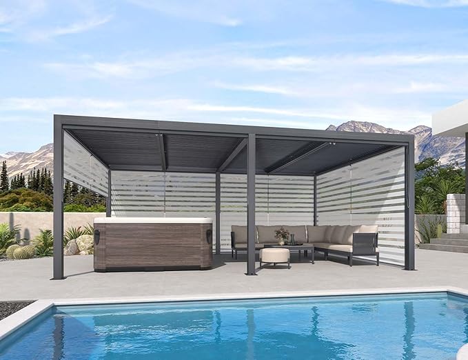 PURPLE LEAF Louvered Pergola 94AS 12' x 20' w/ 1L2W Side Shade Screen Grey | Four Adjustable Roofs, Rainproof System, Reinforced 5.12-Inch Beams, Plus Textilene Sunshade, Versatile Accessory Ecosystem