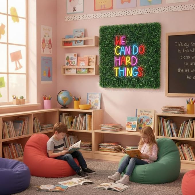 Thyle 10 Pcs Classroom Reading Corner Decorations Set We Can Do Hard Things | Neon Lights and 9 Pcs Artificial Grass Wall Panels Backdrop Decor for Back to School Library Teen Girls Bedroom