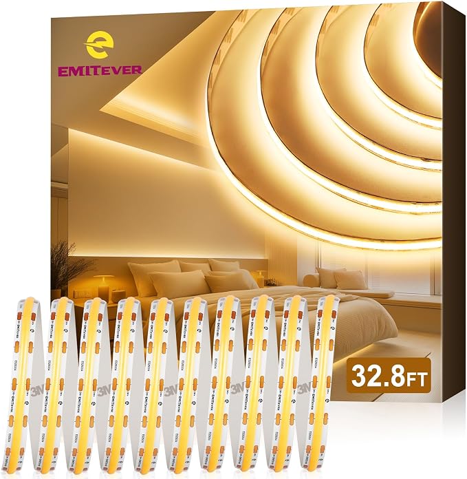EMITEVER COB LED Strip Lights Warm White 3000K,UL 24V,32.8ft 4800LEDs | Ra 90+,IP30,3W/ft,305+Lumens/ft,5 Year Warranty(Power Supply Sold Separately)for bedroom,living room,kitchen