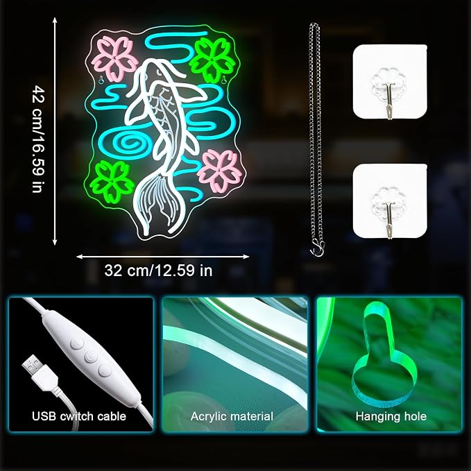 Koi Neon Sign LED Fish Light Up Japanese Decor in Home Bedroom Restaurant Fishes Pond Neon Sign in Koi Fish Decor with Cherry Blossoms LED Japanese Signs Gifts for Teens Sakura Lover