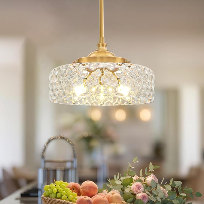Vintage Pendant Light, Brushed Gold Pendant Lights Kitchen Island with Hammered Glass Shade, Hanging Ceiling Penant Lighting Fixtures with Adjustable Rods for Bathroom, Dining Room, Entryway, E12*3