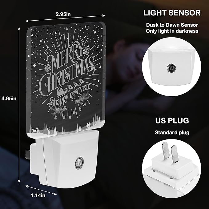 LED Night Light Lamp with Smart Sensor Dusk to Dawn Sensor,Merry Christmas Happy Black White Night Light Daylight White,0.5W Plug-into Wall for Adults,Bedroom,Bathroom,Hallway,Kitchen
