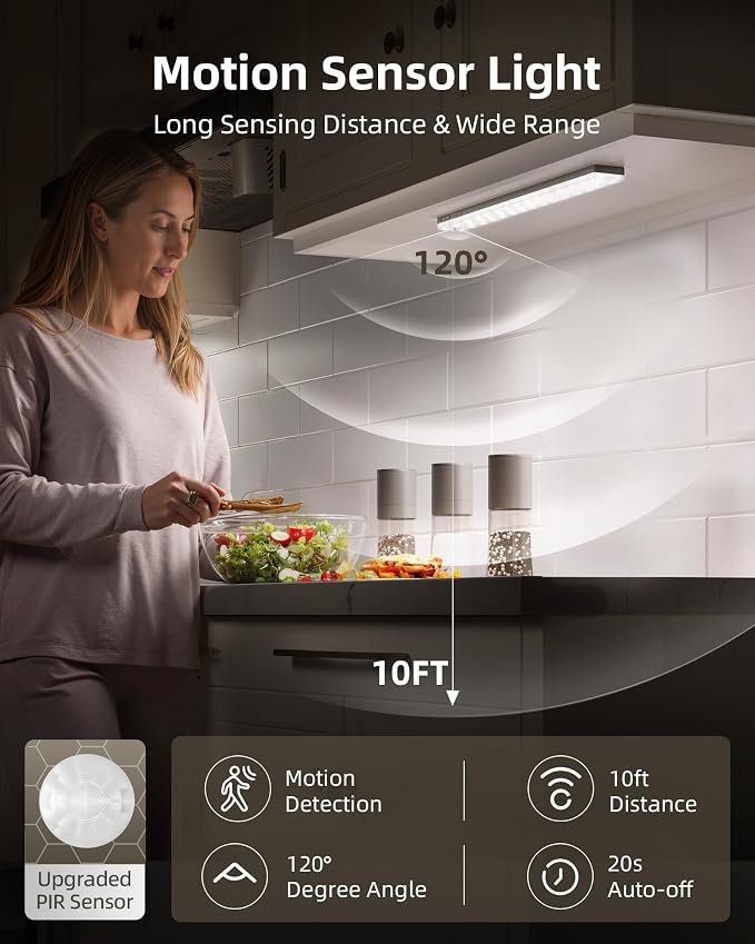 EZVALO 6-Pack Under Cabinet Lighting with 2 Charging Stations, 9 Inch Rechargeable Wireless Motion Sensor Lights, 2000mAh, 3 Color Temps, Dimmable, Magnetic, Remote Control for Kitchen, Closet
