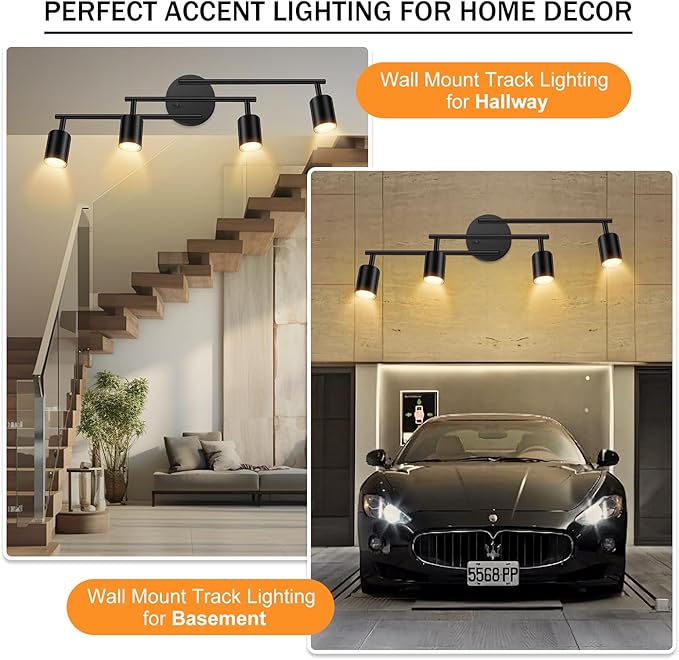 4 Light Track Lighting Kit Kitchen, Black Track Lighting Fixtures Ceiling, 4 Way Modern Flexible Spot Track Lighting, Industrial LED Lights for Room Hallway Bedroom(GU10 Socket, Bulb Not Included)