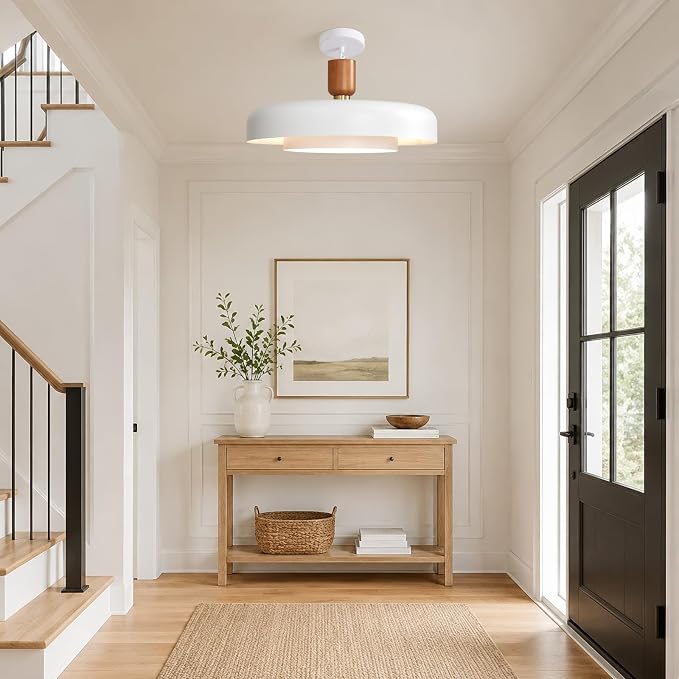Mid Century White Pendant Light: 20" 2-Tiered Modern Nordic Metal Lighting | Wood Brass Iron Hanging Ceiling Light, Kitchen Pendant Lighting Over Island, Dining Room Bedroom Hallway Entryway Chandelier