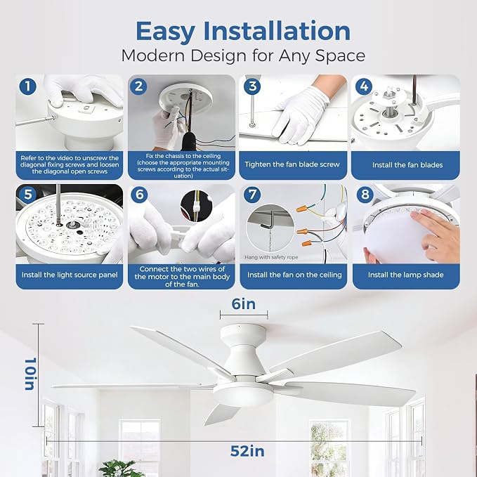 52 Inch Ceiling Fans with Lights, Remote & App Control, Quiet Reversible DC Motor, 6 Speeds, Dimmable 3CCT LED Light, Low Profile Flush Mount Ceiling Fan for Bedroom Living Room, White