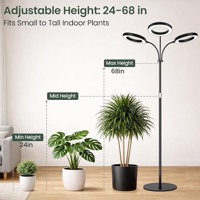 LBW 3-Head Grow Light with Stand for Indoor Plants, Full Spectrum Grow Light for Tall Large Plants, Adjustable Height up to 68", Auto Cycle Timer 6/8/12/16H, 5-Level Dimming, 3 Lighting Modes, Black