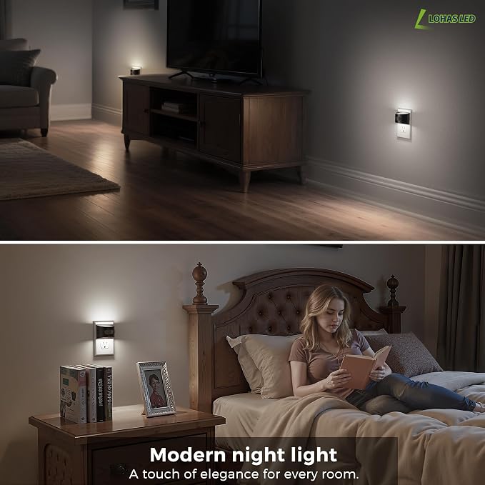 L LOHAS LED Motion Sensor Night Light, Night Lights Plug into Wall, 4 Pack | Nightlight with Dusk to Dawn & Motion Detection Sensor, 30-100Lm Adjustable Brightness, 5000K Daylight, Black Housing