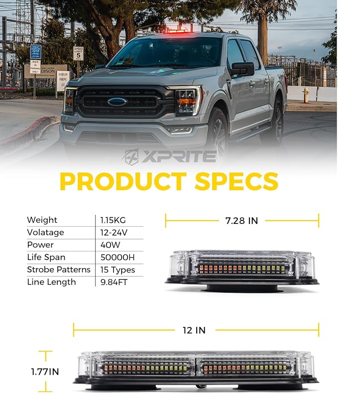 Xprite 108 LED Roof Top Strobe Light, US Flag Pattern Firefighter Flashing Light, Emergency Safety Warning LED Mini Strobe Lightbar w/Magnetic Base for Fire Trucks EMS Ambulances Police Vehicle, Red