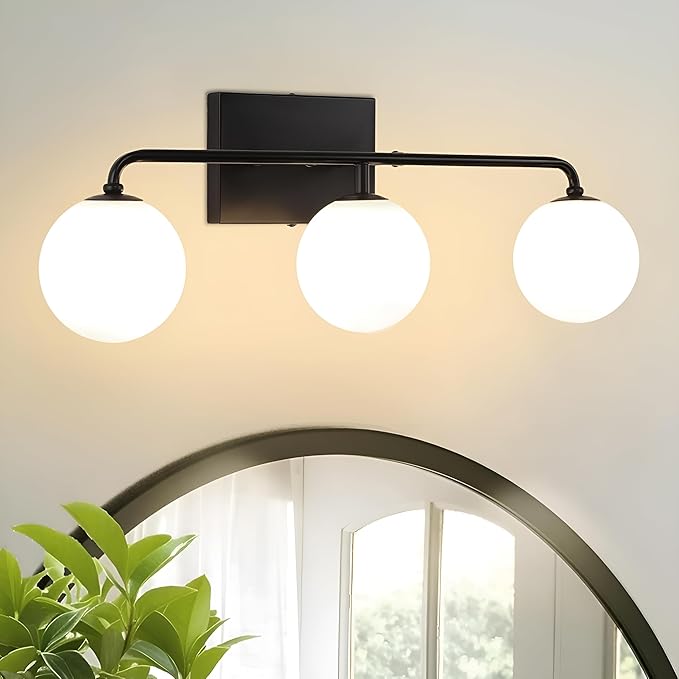 24.8" Black Globe Bathroom Vanity Light, 3-Light Mid Century Light Fixtures Over Mirror, Modern Vanity Lighting with Milk White Glass Shade for Bathroom Bedroom Living Room Hallway