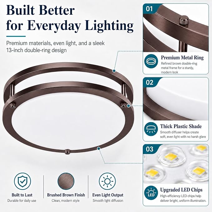 13Inch 36W Super Bright 3600lm Flush Mount LED Ceiling Lights, 1-Pack Oil-Rubbed Bronze Dimmable Ceiling Light Fixtures, 5CCT Selectable 2700K-6500K, Energy-Efficient Modern Ceiling Lamp, Easy Install