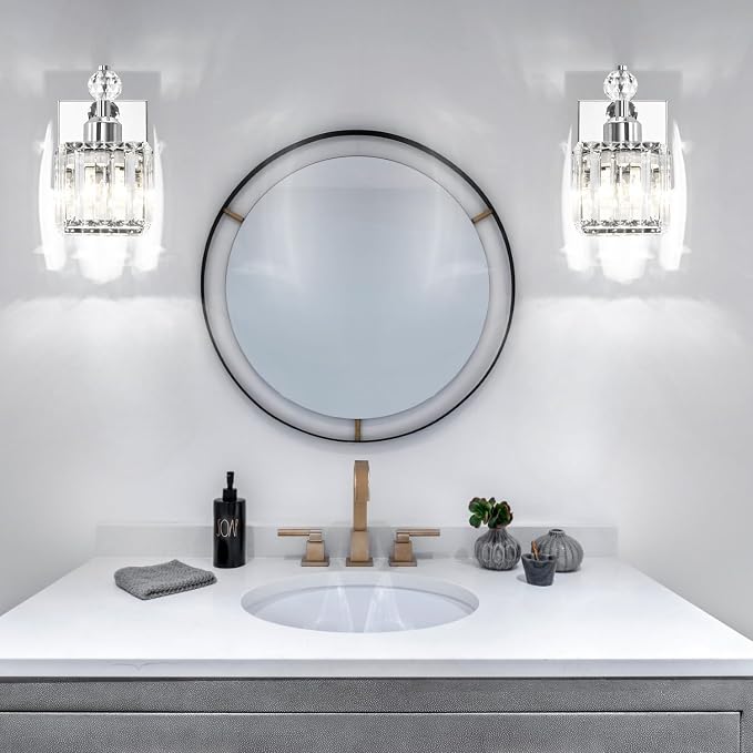 PRESDE 1-Light Bathroom Vanity Light, Modern Chrome Wall Sconce with Crystal Shade, Single Wall Lamp for Over Mirror Bedroom Hallway