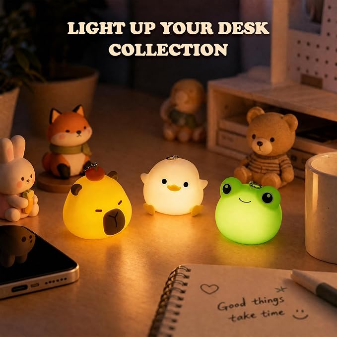 UNEEDE 3 Pack Mini Animal Night Light Set, Mini Capybara, Frog & Duck Lamp | 8 Color Changing Rechargeable Night Light for Kids,with Lanyards Silicone Squishy Kawaii Room Decor, Gifts