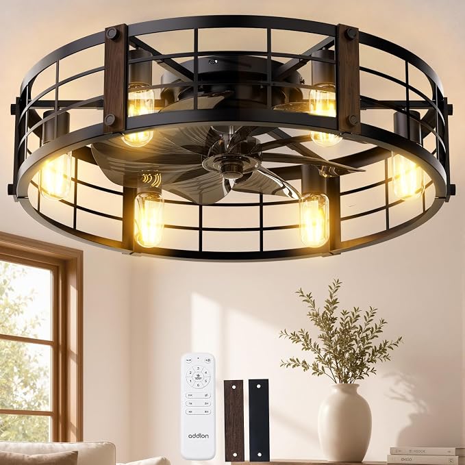 addlon 24" Caged Ceiling Fans with Lights and Remote, Low Profile Fandelier | Wider Airflow, 1/2/4/8H Timer, 6 Speeds, Reversible DC Motor, 6 E26 Sockets, Farmhouse Style, Quiet Operation