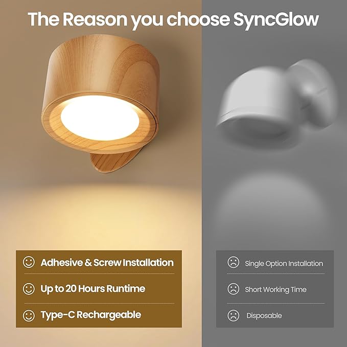 Wall Mounted Lamp LED Wall Lights with Rechargeable Battery Operated, 3 Color Temperatures & 3 Brightness Levels 360°Rotate Magnetic Ball, Cordless Sconces for Bedroom Reading Bedside,Wood-2 Pack