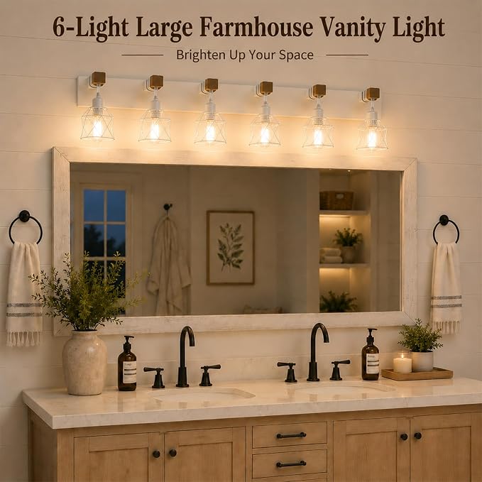 Farmhouse Vanity Light Fixture,6-Light Bathroom Lighting,White Modern Wood Wall Light Over Mirror with Metal Shade,LED Bulbs Not Included