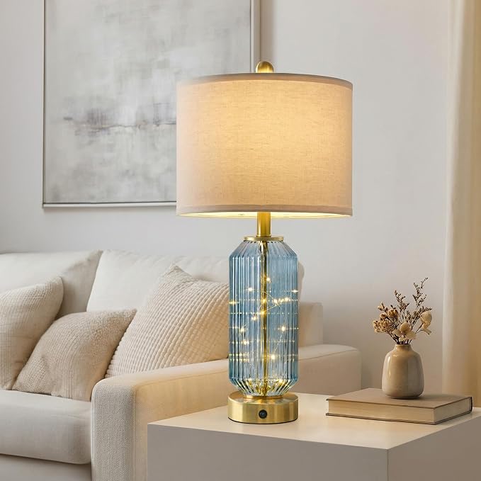 24.5" Bedside Table Lamps Set of 2, Blue Coastal Nightstand Lamps with Night Light, USB A+C Charging Ports, Glass Lamps for Bedroom, Living Room, End Table (2 Bulbs Included)