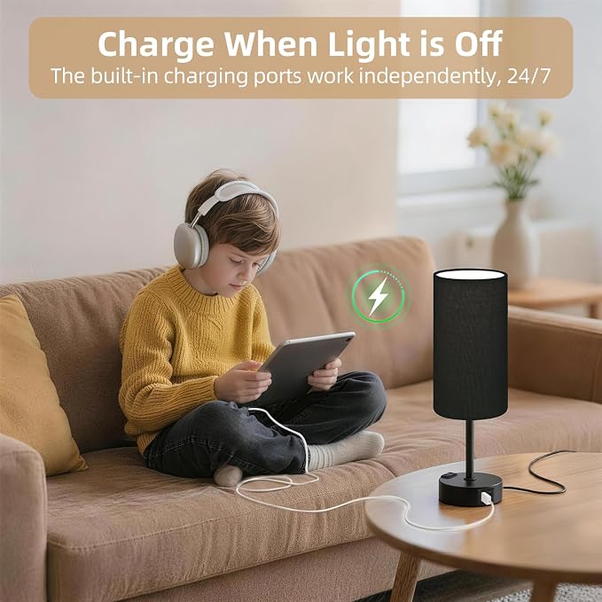 Table Lamp for Nightstand, High-Sensitivity Touch, 3-Level Dimmable Bedside Lamp with AC Outlet | USB | and USB-C, Ideal Night Stand Lamp for Bedroom (1, Black)