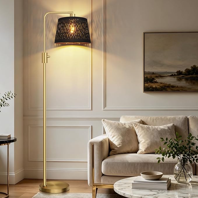 【Upgraded】 Dimmable Gold Floor Lamp, 1000 Lumens LED Edison Bulb Included, Arc Black Floor Lamps for Living Room Modern Standing Lamp with Black Grid Shade, Tall Lamps for Living Room Bedroom Office