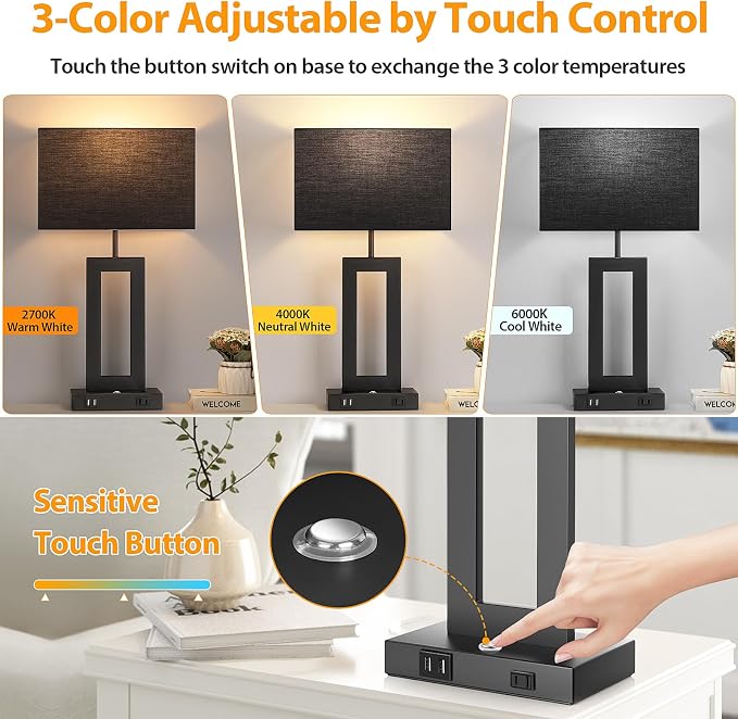3 Color Temperatures Black Table Lamps for Bedrooms Set of 2, 22’’ Touch Control Bedside Nightstand Lamps with 2 USB Ports & AC Outlet, Modern Lamp Sets for Living Room, Stepless Dimming, Black Shade