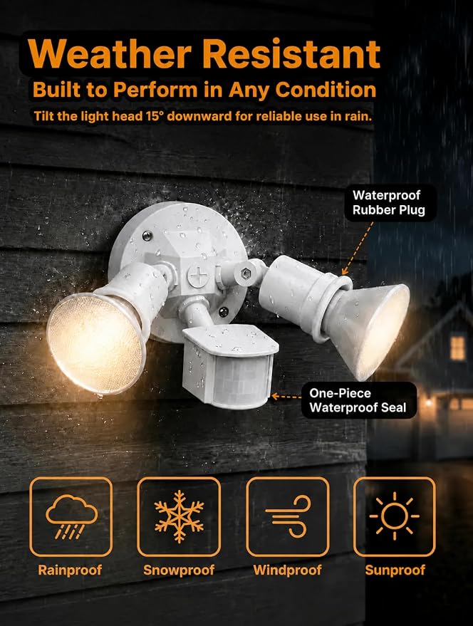 Motion Sensor Outdoor Light, 300W Waterproof Twin E26 PAR38 Holder | Motion Sensor Twin Heads: Auto activation, swivel E26 PAR38 sockets to adjust lighting angles（Bulbs not include）