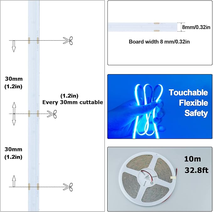 32.8ft/10M 24V COB Blue LED Strip Light 3840LEDs Uniform Glow Dotless IP20 Not Waterproof Flexible LED Tape Lights for DIY Cabinet Bedroom Kitchen Home Decor(No Power Supply)
