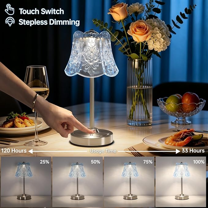 Shenmoyl Cordless Touch Table Lamp with 5200mAh Battery - 3 Adjustable Color Temperatures & Dimmable, Rechargeable Lamp for Bedroom, Living Room, Office, Entryway, Bookshelves (Clear Light Blue Rose)