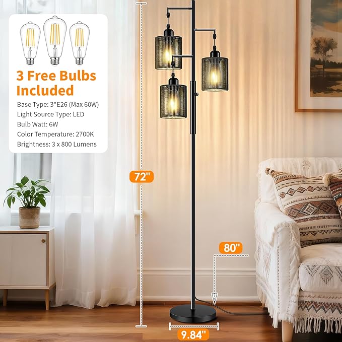 Hotsonic 72" Rattan Boho Floor Lamp, Tall Dimmable Standing Lamp with Handcrafted Black Shades, Industrial Tree Floor Lamps for Living Room, Bedroom, Study Room, Office (3 x 800LM LED Bulbs Included)