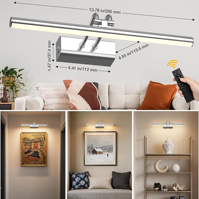 Picture Light for Wall, Platinum Silver, Battery Operated, Remote Control | 4000mAh Cordless,Wall Light, Magnetic for Easy to Charge,Timers, Display for Gallery Living Room Bedroom
