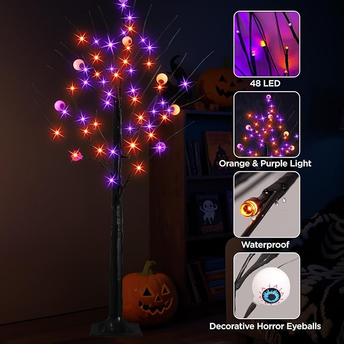 2 Pack 4FT Lighted Black Halloween Tree with 96 Purple & Orange Lights, Higher Size, Timer LED Soopky Tree Lights for Outdoor Garden Porch Home Yard Halloween Decoration
