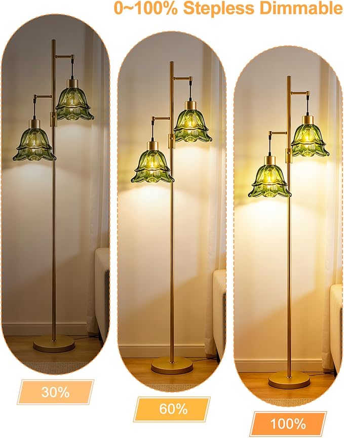 Lightdot 65IN Gold Flower Floor Lamp for Living Room, 2- Light Dimmable Floor Lamps with Green Glass Lampshade, 3000K Warm White Modern Standing Tall Lamp for Bedroom Sofa Beside Corner Decor