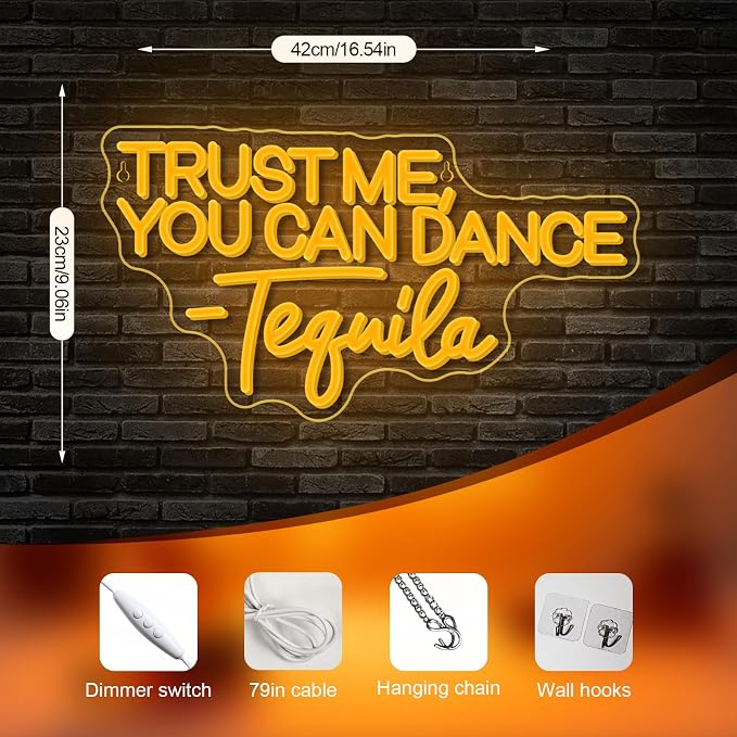 Trust Me You can Dance Tequila Neon Sign Yellow Letter Neon Lights Vibrant Orange Neon Bar Signs for Wall Decor USB Light Up Sign for Home Bar Man Cave Party Club Restaurant