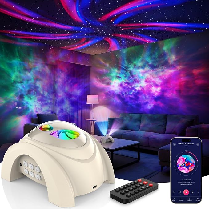 Rossetta Dual Lens Galaxy Star Aurora Projector Night Light for Bedroom | 58 Light Effects, White Noise, Bluetooth Speaker, Music Sync, Remote Control, Timer, Room Decor Gift for Kids Adults Teens