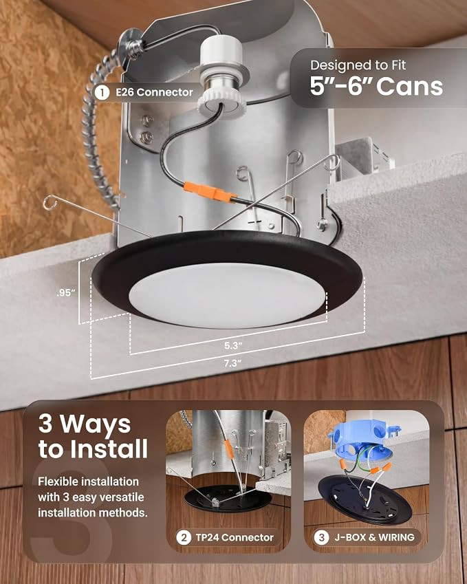 Sunco 24 Pack 6 Inch Flush Mount Black LED Disk Lights, 5CCT, 15W=100W | 1050LM, Selectable CCT 2700K/3000K/4000K/5000K/6000K, Dimmable, Low Profile Ceiling Can Lighting, 15W (100W Equivalent)