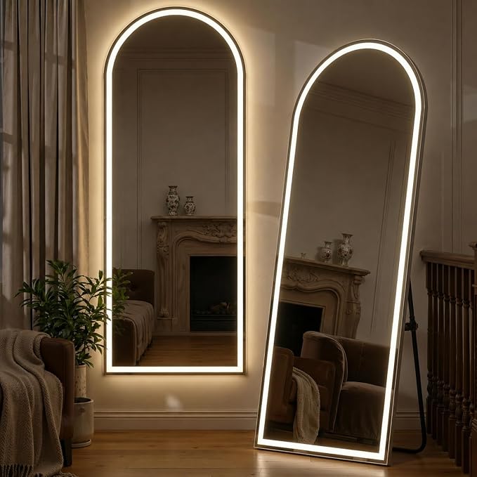 71" x 26" Arched Full Length Mirror with LED Lights, Floor Mirror with Stand, Wall Mirrors Full Length, Body Floor Mirrors, Wall Mounted for Bedroom, Dimmable, Tempered Glass