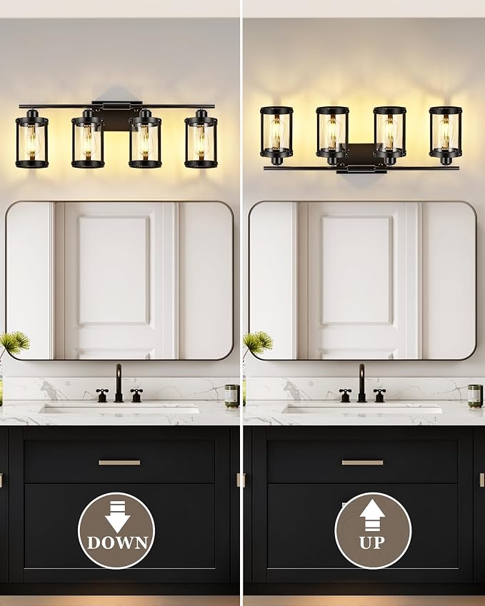 4-Light Black Bathroom Light Fixtures, 29 Inch Modern Bathroom Vanity Lighting Fixtures Over Mirror with Clear Glass and Metal Cage Wall Sconce Lights for Bath, E26, OS-3014BK-4W