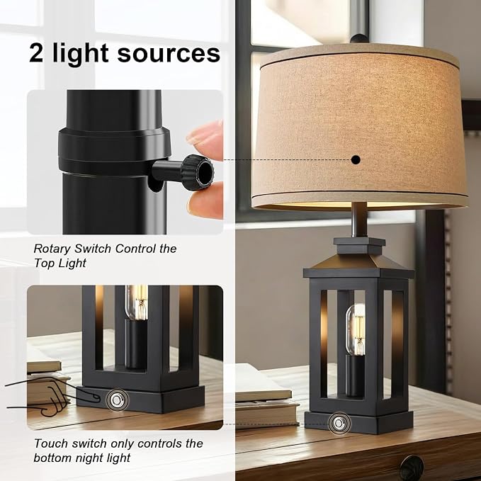 G-SAFAVA 23.75" Retro Farmhouse Black Table Lamp for Living Room Bedroom Nightstand Set of 2 Touch Control Bedside Nightlight Vintage Modern Lamp with USB C+A Ports and 2 Light Sources