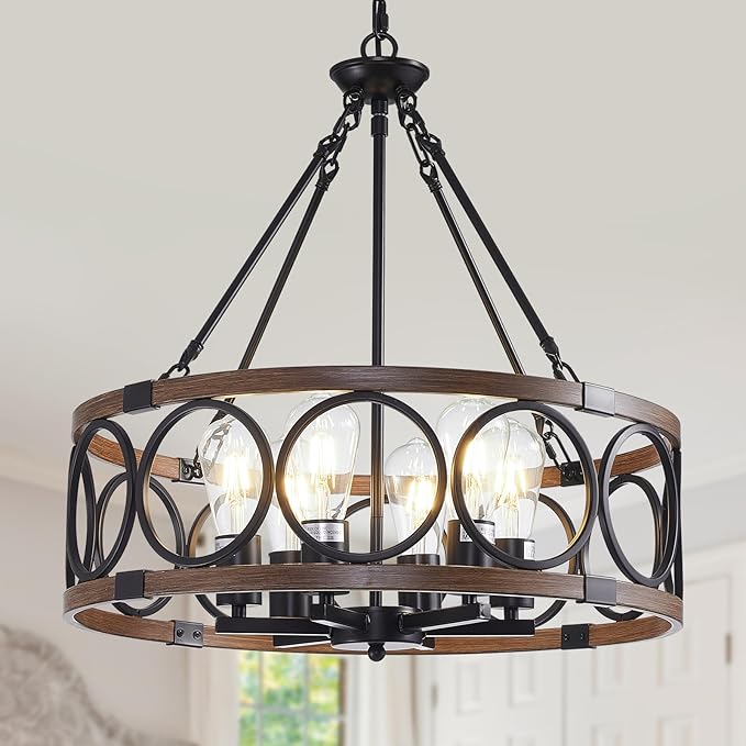 20.5'' Farmhouse Chandelier, 6-Light Walnut Wood Grain Dining Room Light Fixture Over Table, Rustic Industrial Drum Hanging Pendant Lights Fixture for Kitchen Island Bedroom Hallway Foyer Entryway