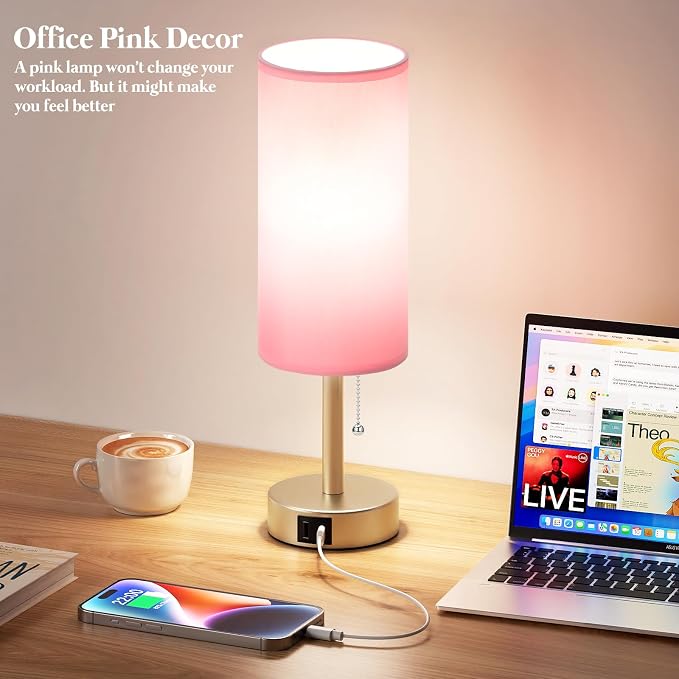 Pink Bedside Table Lamp for Bedroom - Small Nightstand Lamp for Girls | 3 Color Temp, USB A+C Ports, LED Bulb Included, Soft Pink Fabric Shade, Mocha Gold Metal Base, 14" Desk Lamp for Kids Dorm
