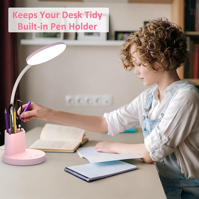 LED Desk Lamp for College Dorm with Pen Phone Holder, Pink | 3 Color Modes Dimmable Desk Light, College Dorm Essentials, 360° Adjustable Arm, Eye-caring Bedside Reading Lamp, 800 Lumen