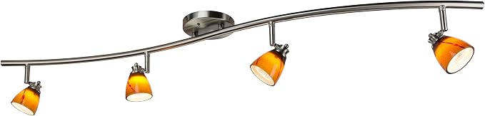 4 Light Adjustable Track Light, Brushed Steel Finish, Amber Glass Shade, Ready to Install, Bulb Included, D268-44C-BS-AMS