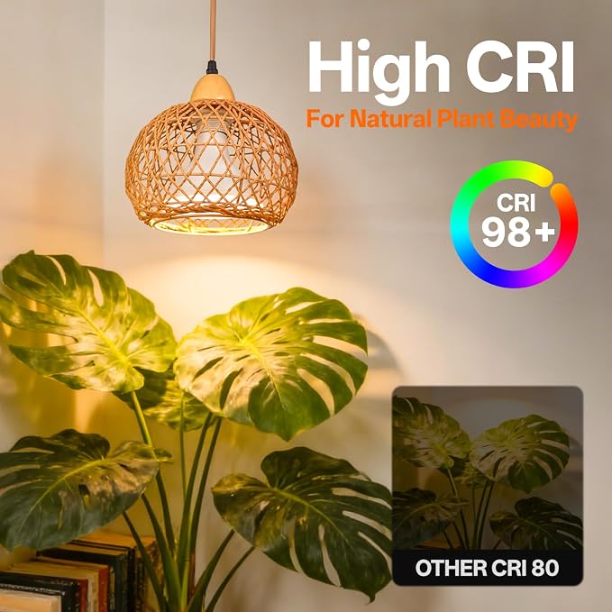 Hanging Grow Light for Indoor Plants 18W | Full Spectrum Plant Light, With 4H/9H/14H Timer, Boho Rattan Shade, 3800K Hanging Lights for Indoor Plants