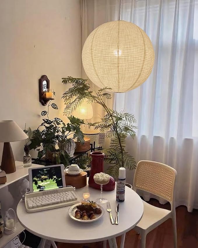 Linen Pendant Light Shade White 20INCH Round Hanging Lamp Shade | Can replace paper lantern light Handmade Minimalist Decorations Suitable for Living room Bedroom and kitchen
