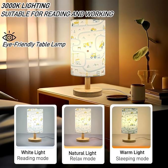 Kids Desk Lamp for Bedroom Boy,Reading Car Lamp,3-Way Dimmable Bedside Night Light with Cartoon Pattern Printed Shade and Wood Base for Kids Room Nursery Living Room Decor,Car Gift for Boys