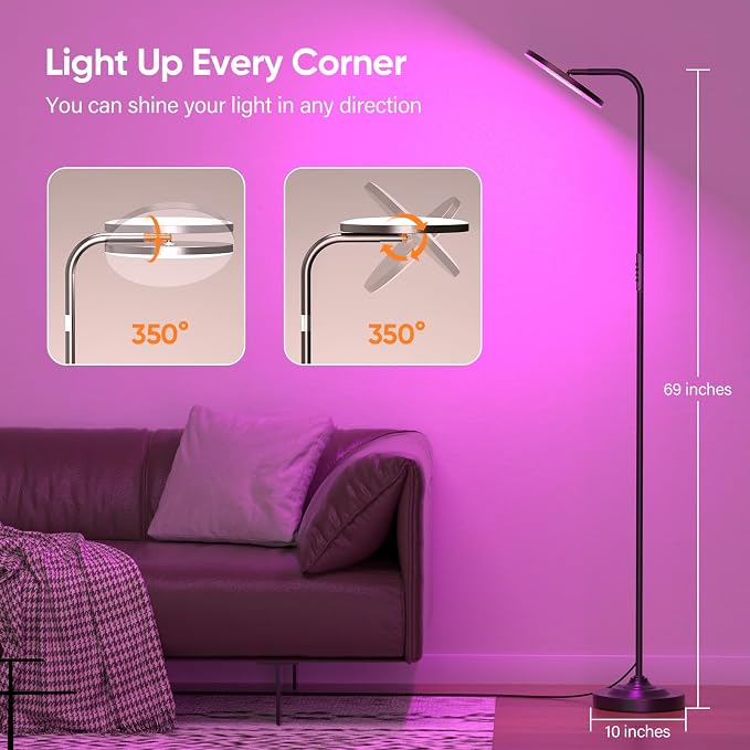 RGB Floor Lamp, 36W Bright LED Standing Lamp, Stepless Dimming Color Changing Torchiere Floor Lamps with Remote, 350°Rotating Modern Tall Floor Lamp for Living Room, Gaming Room